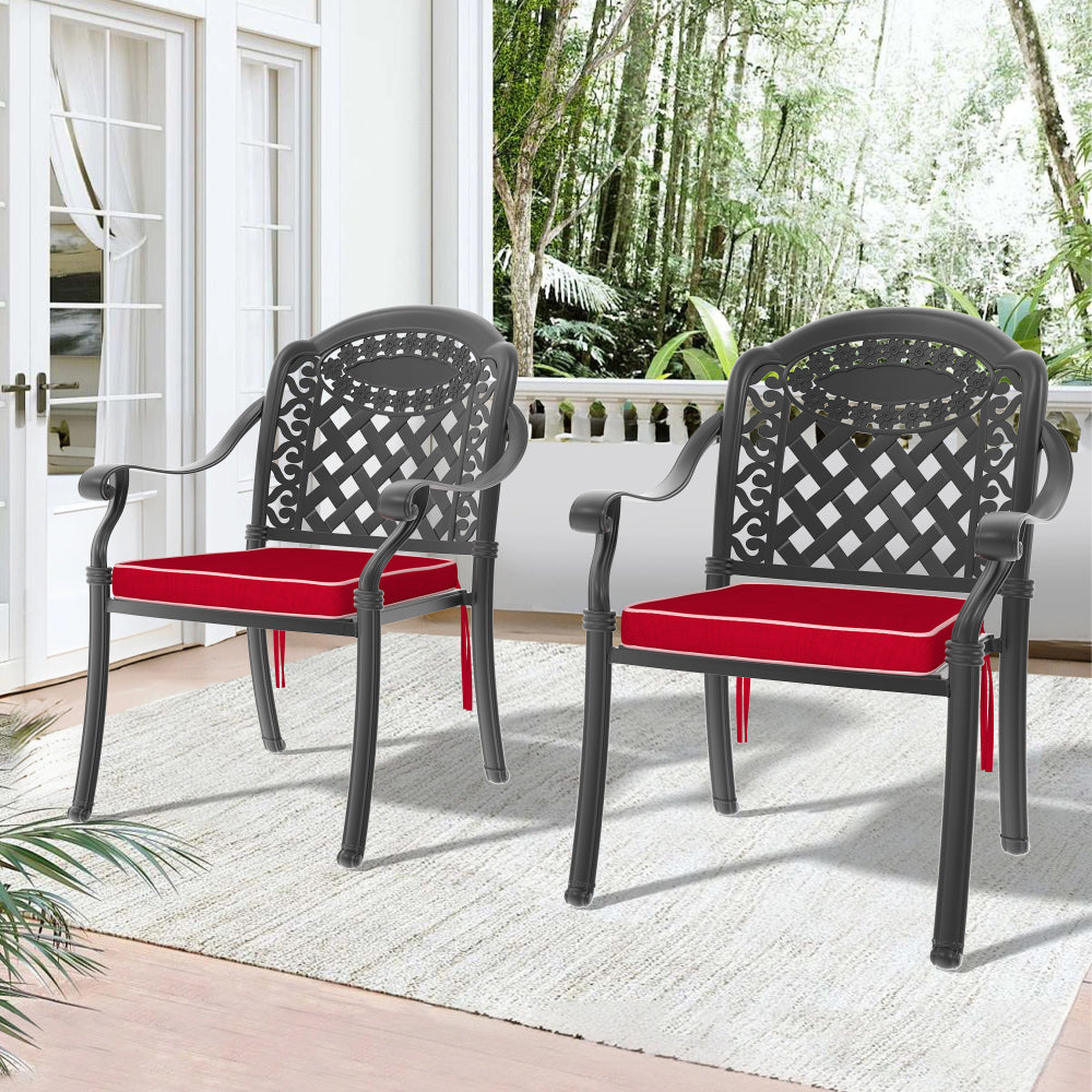 Cast Aluminum Patio Dining Chair 4PCS With Black Frame and Red Cushions