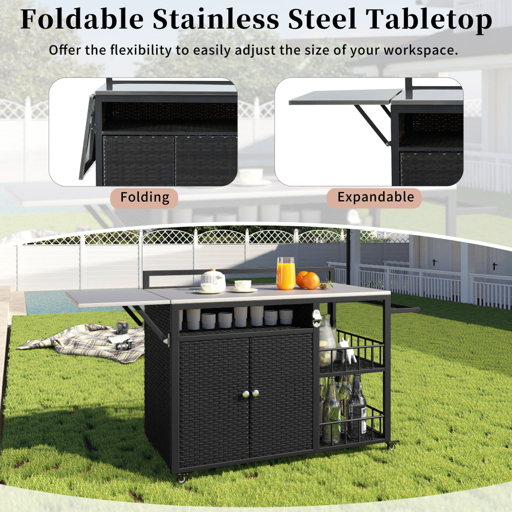 63.5" Outdoor Kitchen Island, Kitchen Storage Island, Cooking Station, Outdoor Grill Cart with Foldable Side Tabletop, Ample Storage Space, Bottle Opener for Outside BBQ, Patio, Backyard, Dark Brown