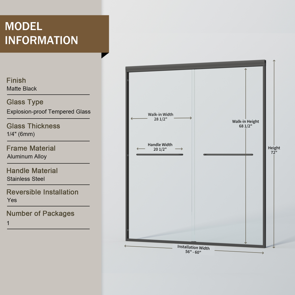 56-60 in. W x 72 in. H Double Sliding Shower Door, Semi-frameless Bypass Bathroom Sliding Door with 1/4" (6mm) Tempered Glass for Walk-in Shower, Matte Black 24D03-60MBX