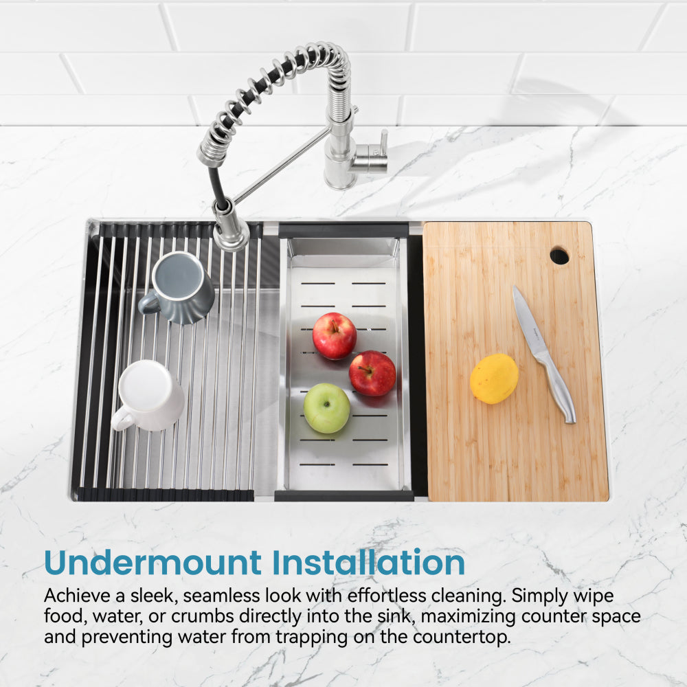 Stainless Steel Kitchen Sink, 33″x19″ Single Bowl, Undermount Handmade Sink in Dark Gray, with Cutting Board, Colander