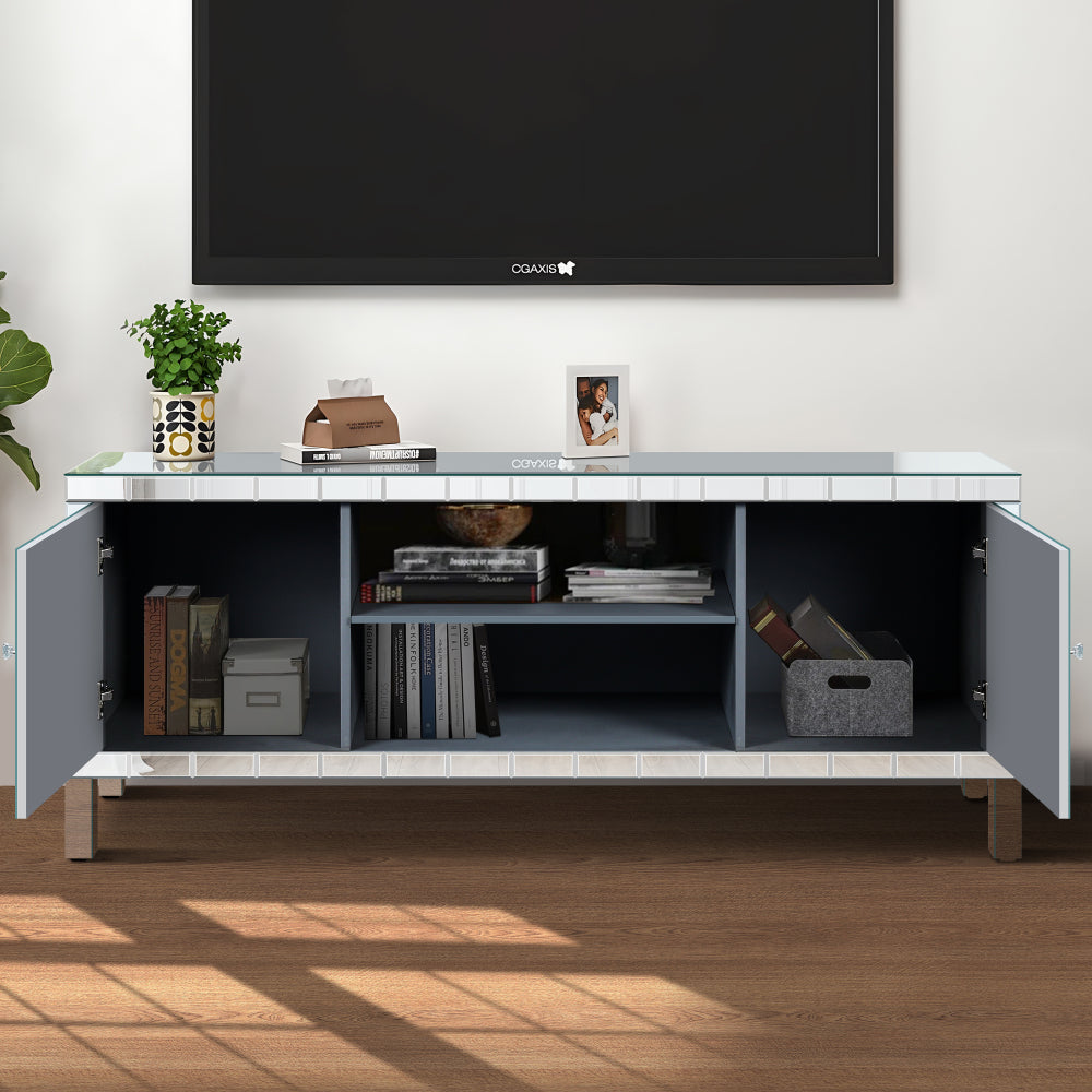 Mirrored TV Stand for 65+ inch TV,Sliver TV Console Table with Open Storage & 2 Storage Cabinets ,M Shape Sparkling Mirror Doors for Living Room(59''W x 25.2''H x 15.7D)