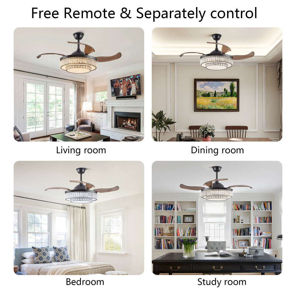 48" Contemporary Crystal LED Retractable Ceiling Fan with Light and Remote Control, 6-Speed Quiet Reversible DC Motor,4 Blades Modern Ceiling Fans for Kitchen Bedroom Dining Room Patio