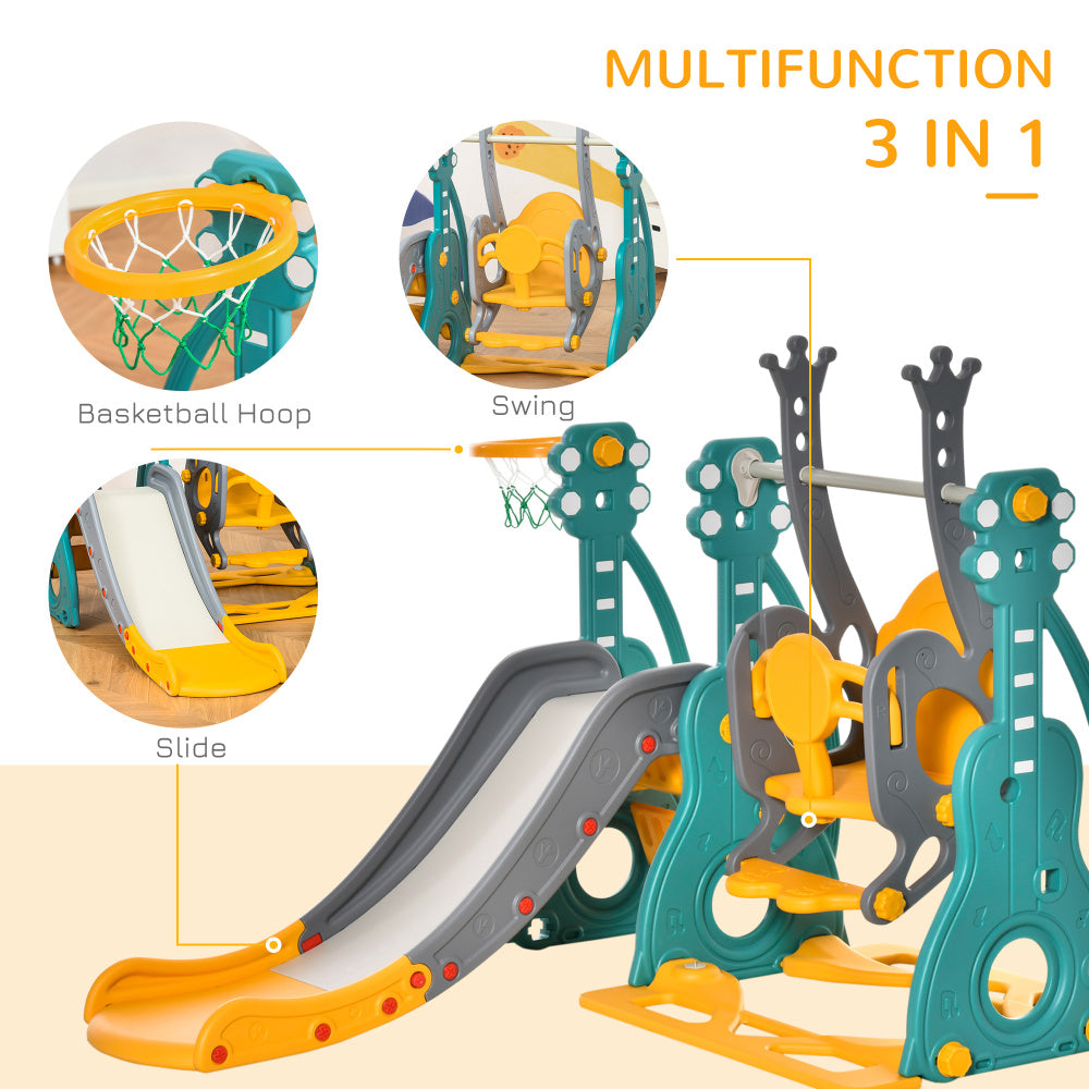 Qaba 3 in 1 Toddler Swing and Slide Set, Kids Slide with Climber, Ultra-Safety, Basketball Hood, Baby Playground Set, Fun Indoor/Outdoor Playset Exercise Toy for Ages 1.5-3