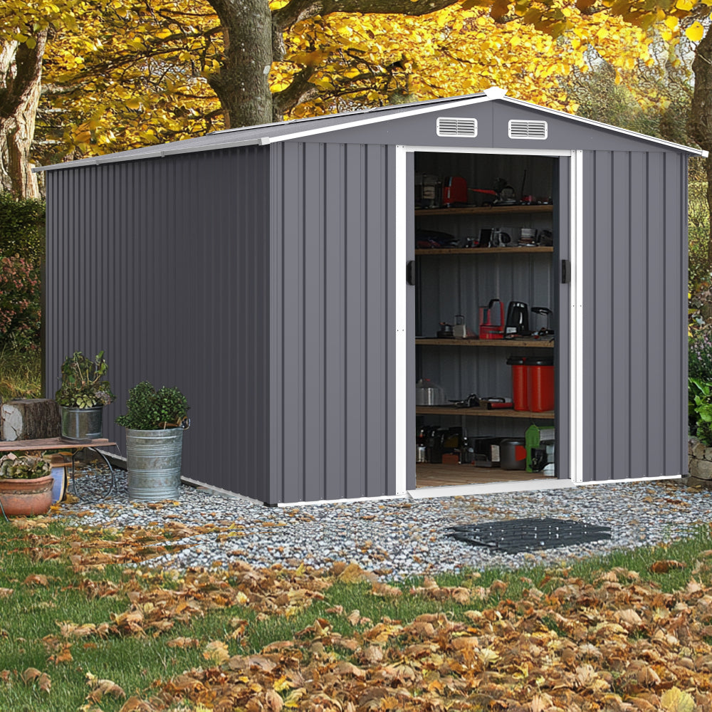 Outdoor Storage Shed 8 x 12 FT Large Metal Tool Sheds, Heavy Duty Storage House with Sliding Doors with Air Vent for Backyard Patio Lawn to Store Bikes, Tools, Lawnmowers Grey