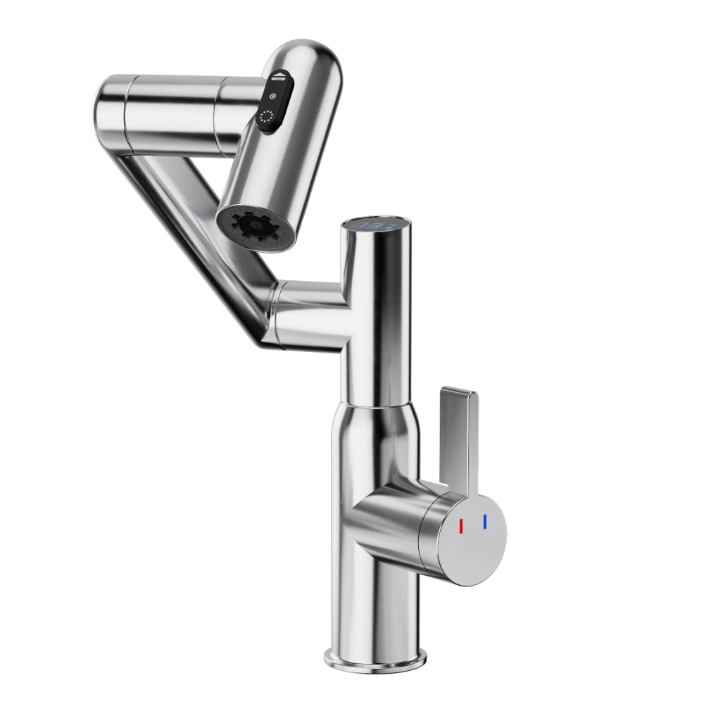 Bathroom Sink Faucet with Spray Function, Temperature Display, Anti-Slip Switch, Hot & Cold Controls, and 360° Swivel Spout