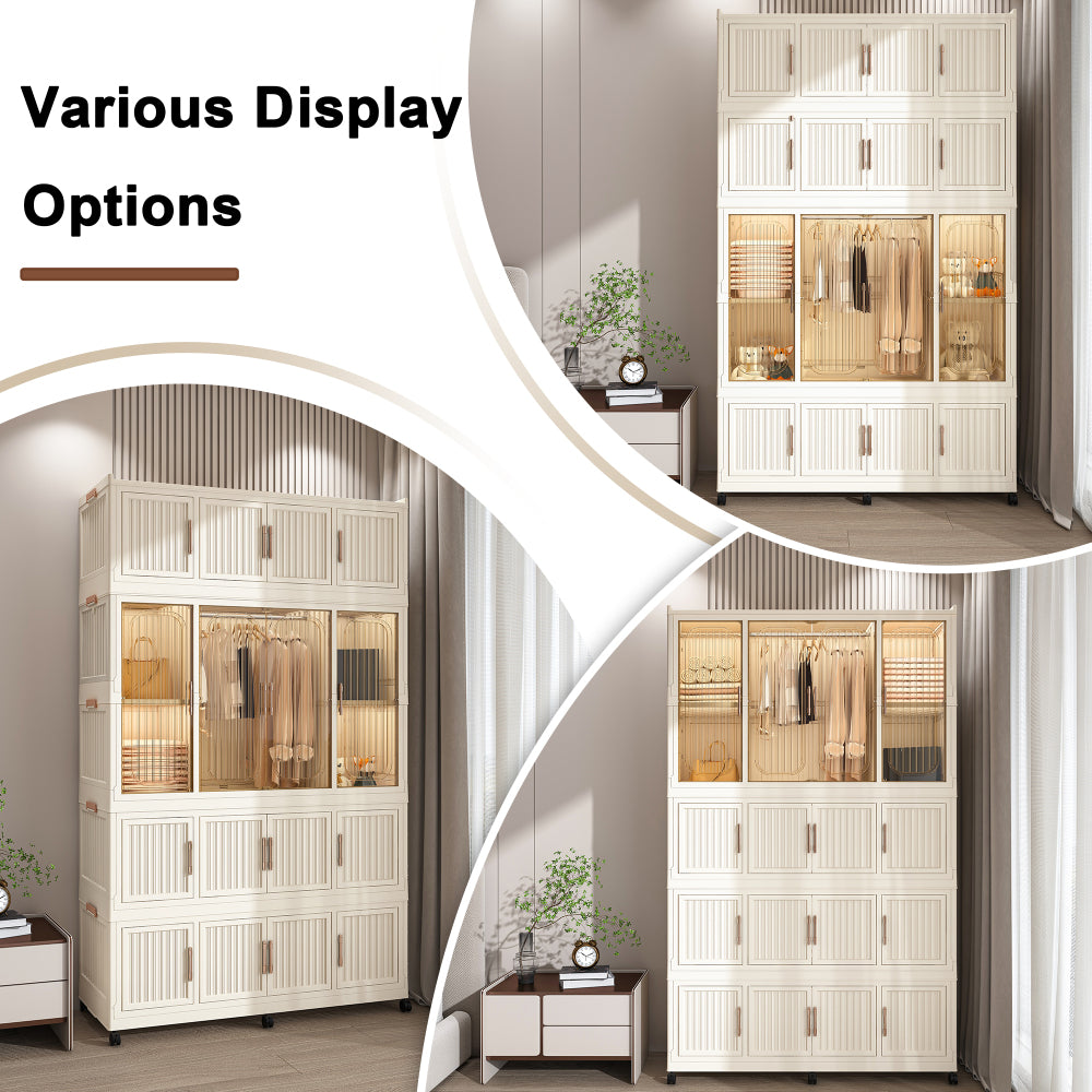 Portable Wardrobe Closet Storage Organizer for Clothes,Clothes Dresser,17 Magnetic Doors-17 Cubes & 1 Hanging Rod,6 pcs hangers , Baby Wardrobe Storage Cabinet,White