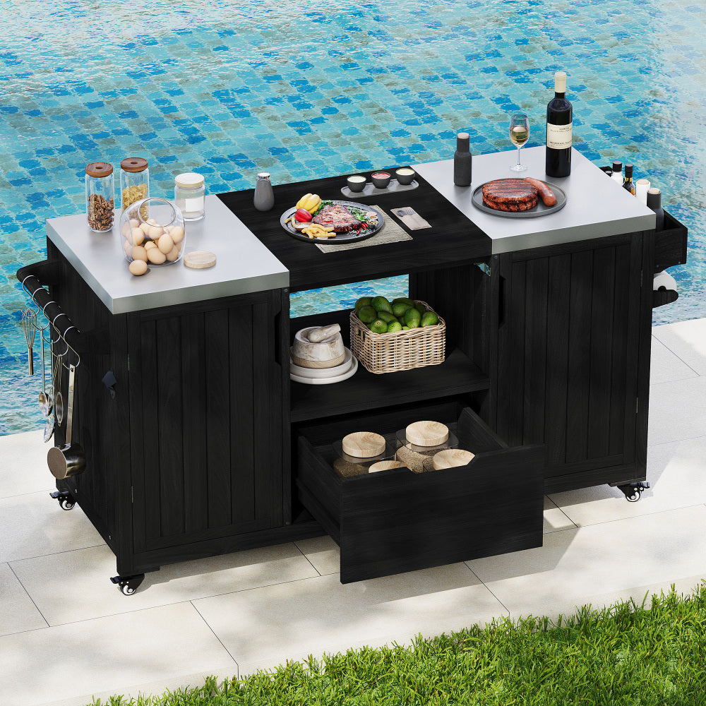 K&K 66.5" Outdoor Kitchen Island for Big Green Egg Grills, Solid Wood Outdoor Grill Cart for Tabletop Grill with Stainless Steel Top, Drawer, Compatible with Large Big Green Egg, Kamado Joe- Black