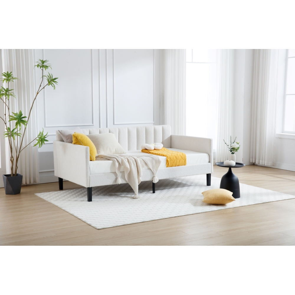 Elena Twin Size Ivory Boucle Upholstered Daybed, Ribbed Tufted Backrest, Daybed in Lavish Modern Design, Richly Hued Foam Comfort