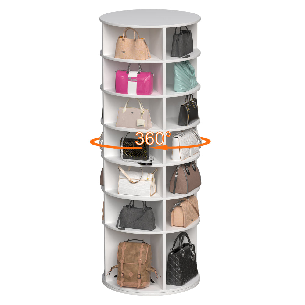 Rotating Shoe Rack Tower, 7-Tier Spinning Shoe Rack, Free Standing 360° Revolving Shoe Organizer, High Bottom Design Shoe Tower Spinning Storage Lazy Susany, Fits 28 Pairs of Shoes (7-Tier White)