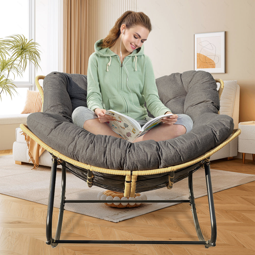 9.7Ibs Ultra-Plush Rattan Rocking Chair With Anti-Tip Design, 450LB Capacity Rattan Lounge Chair for Balcony,Living Room,Garden,Patio - Easy Assembly Blue