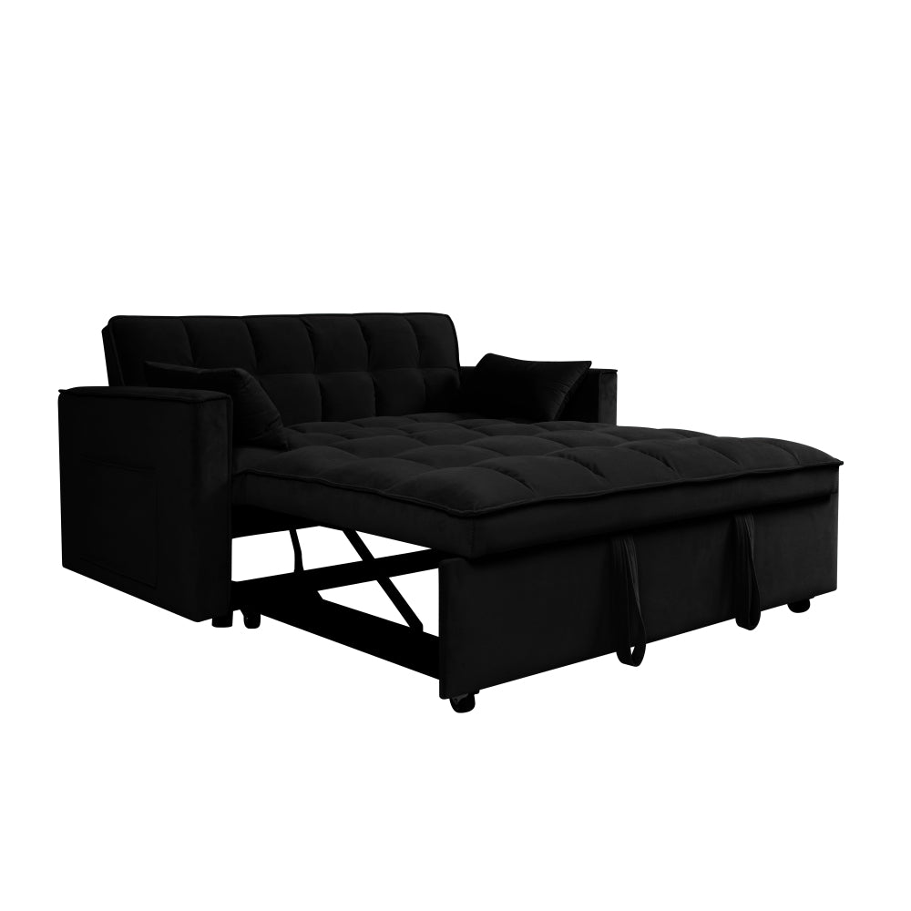 Modern Velvet Fabric 53" 3 in 1 Convertible Sleeper Sofa Bed, Futon Couches for Living Room with Side Pocket, Adjustable Backrest(Black)