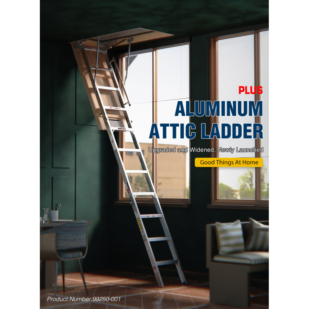 Household Aluminum Attic Ladder 25" x 54" ,350lbs Capacity, 7-10 ft Ceiling Height