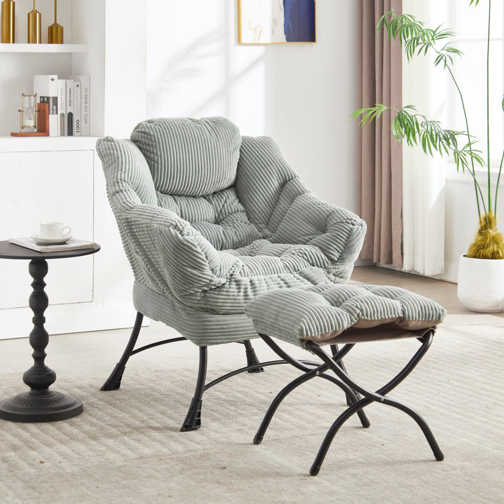 Lazy Chair with Ottoman, Modern Lounge Accent Chair with Armrests and a Side Pocket, Leisure Upholstered Sofa Chair Reading Chair with Footrest for Small Space, Corner Chair-Grey