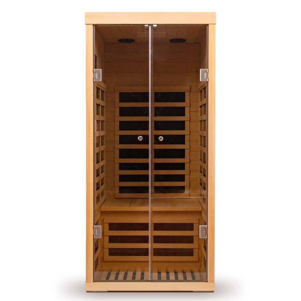 Low EMF One person wide space hemlock double doors great glass luxury indoor Far infrared sauna room
