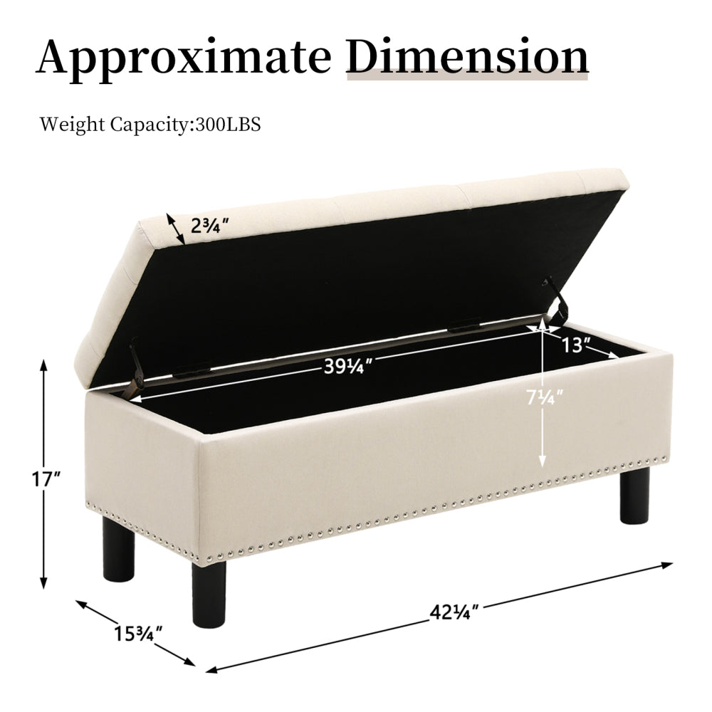 Storage Ottoman Bench with Wood Legs, Upholstered Bedroom Bench with Button-Tufted, Storage Bench with High-density Resilient Sponge Rivet Design for Bedroom, Linen, Beige