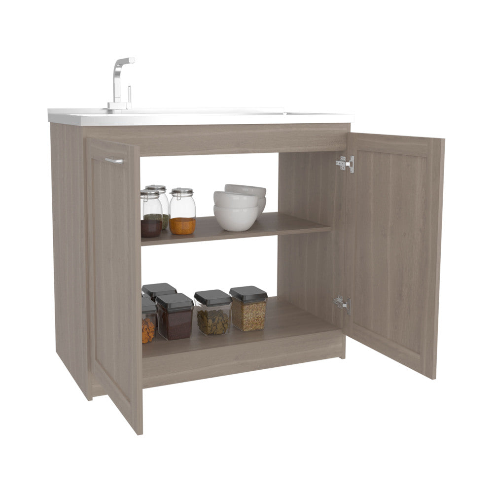 Zurich 39" Wide Utility Sink, Base Cabinet Two-Door Cabinet With Two Shelves, Stainless Steel Sink, Laundry Room, Garage Sink, Light Gray