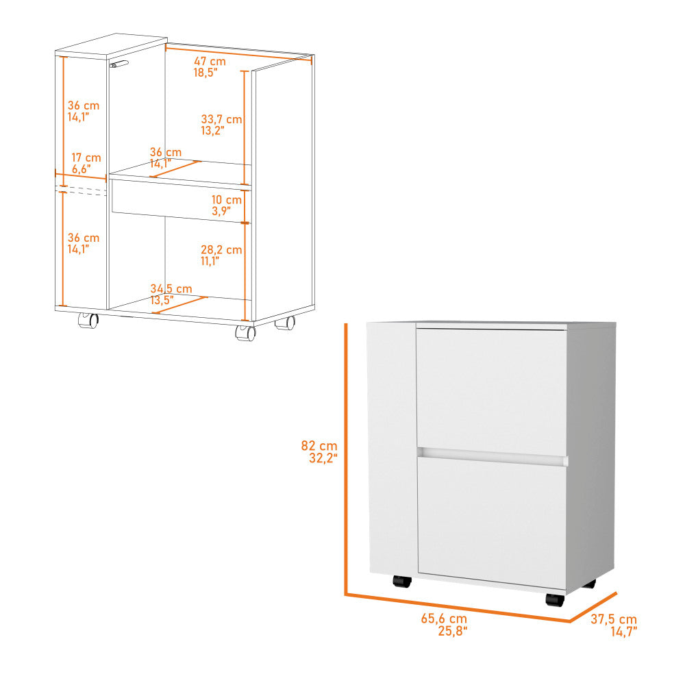 FM FURNITURE Logan Bar Cart with Two Cabinets and Open Shelves, White
