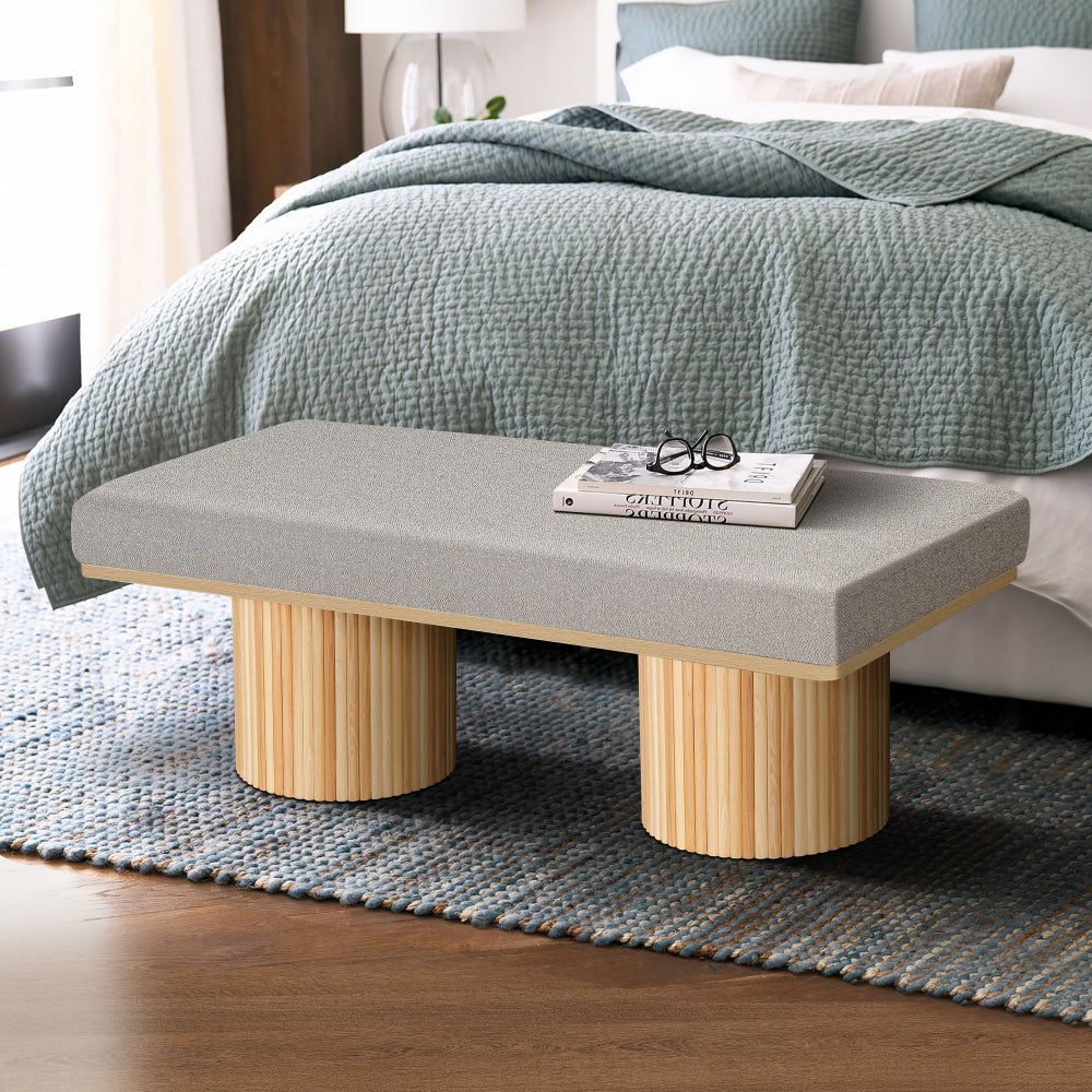 Upholstered Bench with Chunky Legs Light Grey Boucle Fabric Contemporary Style Bed-end Bench for Bedroom Living Room, Natural Wood