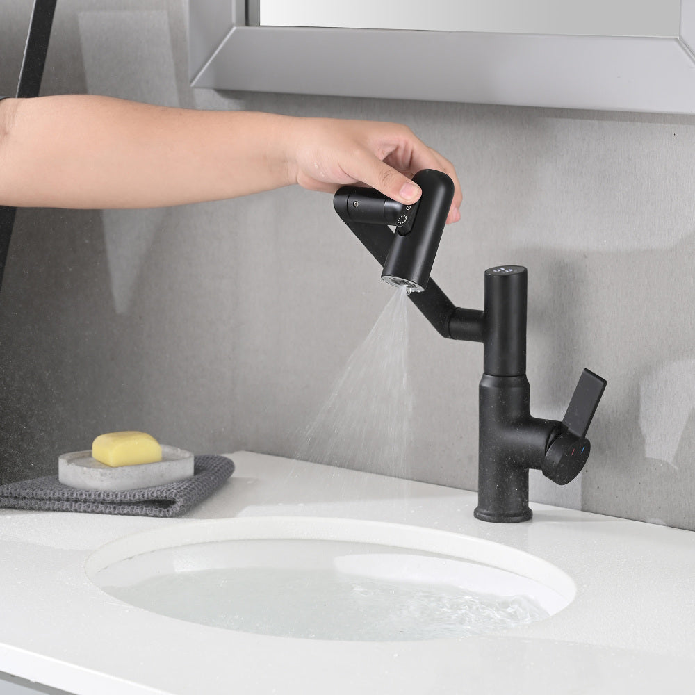 Bathroom Sink Faucet with Spray Function, Temperature Display, Anti-Slip Switch, Hot & Cold Controls, and 360° Swivel Spout