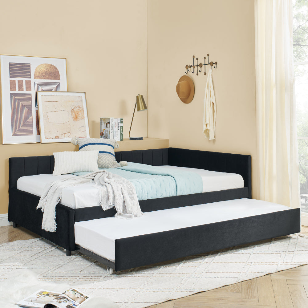 Full Size Upholstered Tufted Bed Frame with Two Drawers, Sofa Bed Frame with Comfortable Backrest and Armrests, Velvet, Black(79.5''x58''x25'')