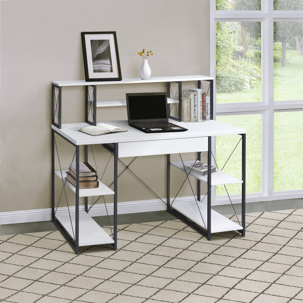 Grey and Black Office Desk with Open Shelves and Hutch