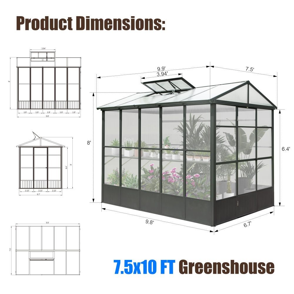 7.5x10FT Greenhouse, Polycarbonate Green House with Fully Auto Temperature Control Vent, Outdoor Full Aluminum Heavy Duty Greenhouse with Extra 8FT Walk-in Height for Garden Backyard, Dark Grey