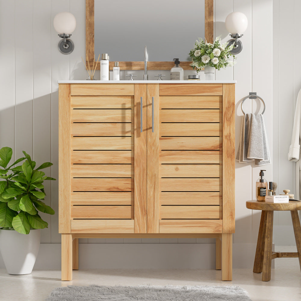 30" Modern Bathroom Vanity with Ceramic Sink, Bathroom Vanity Cabinet with Tempered Blurred Glass and Matte Black Handles, Equipped with Large Storage Space and Rubber Wood Frame, White