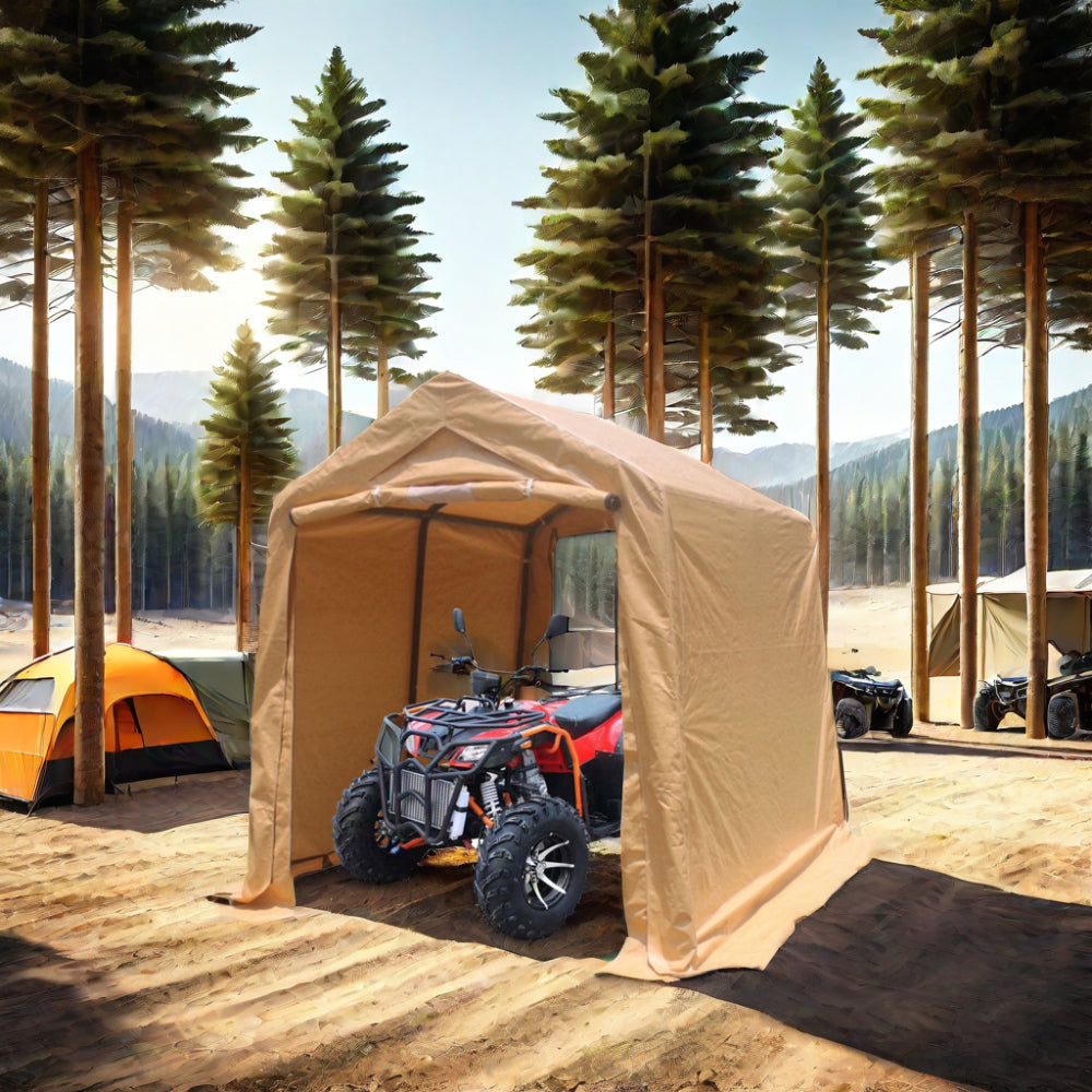 7x8 ft Outdoor Portable Gazebo Storage Shelter Shed with 2 Roll up Zipper Doors & Vents Carport for Motorcycle Waterproof and UV Resistant Anti-Snow Portable Garage Kit Tent, Sand