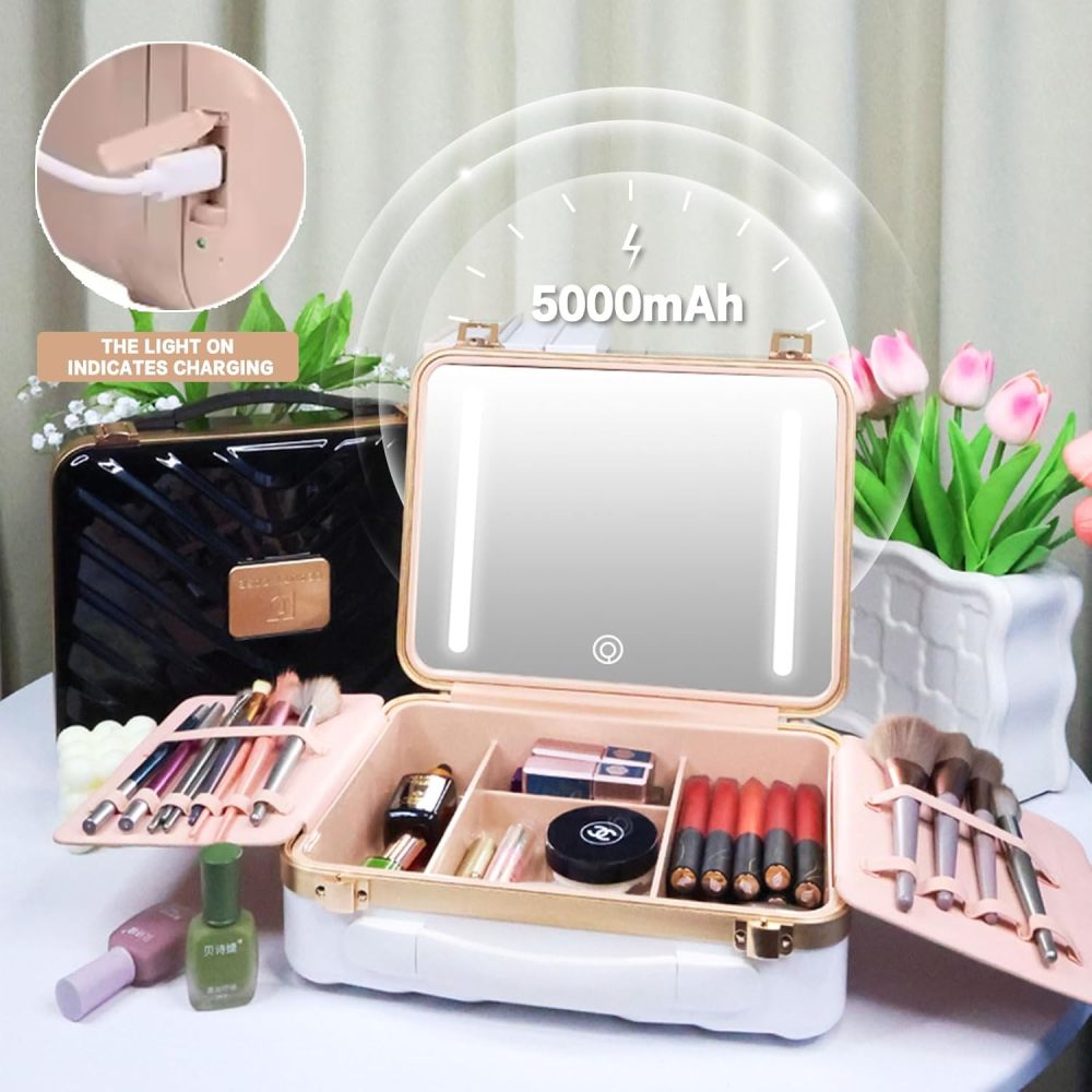 Makeup Case with LED Lighted Mirror Travel Makeup Train Case Cosmetic Organizer for Girls Makeup Artist, Makeup Tools, Hairstylist Travel Pink