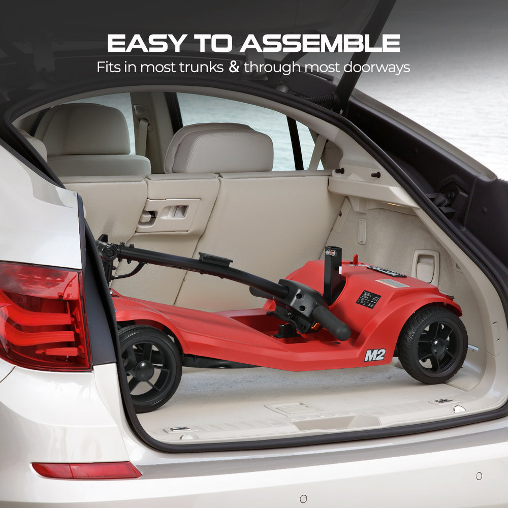 4 wheel mobility scooter with 16-20mile driving range, lithium battery, 330bs weight capacity, front & rear LED light, extension legroom, Electric-magnetic brake system, Color- Red, M2-RED-22.5L