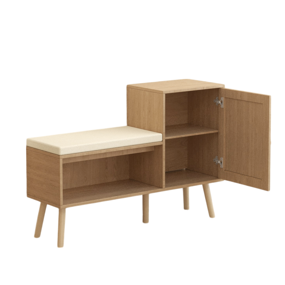 2-in-1 Shoe Storage Bench, Natural Rattan Shoe Cabinet with 2 Adjustable Shelves and Removable Seat Cushion, Modern Entryway Bench, Shoe Storage Organizer, Shoe Rack for Hallway, Bedroom