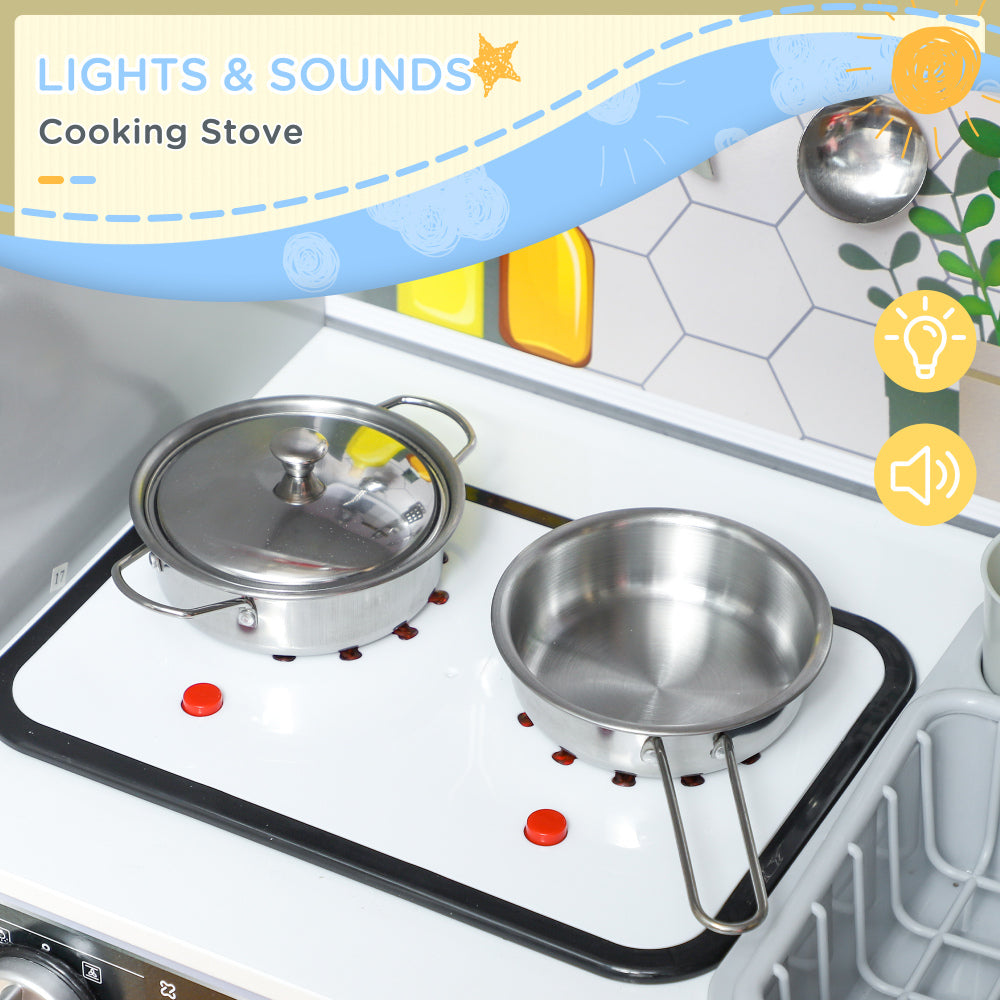 Qaba Play Kitchen, Kids Kitchen Playset, Pretend Play Toy Kitchen with Lights & Sounds, Running Water, Coffee Machine, Ice Maker, 5 Accessories & Microwave, Gift for 3-8 Years, White