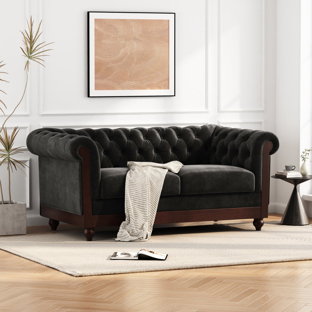 VIVALUX 59.44" Chesterfield Velvet Loveseat Sofa,2-Person Rolled Arm Dutch Plush Upholstered Sofa Couch with Tufted Button for Living Room, Bedroom, Small Places,Forest Green