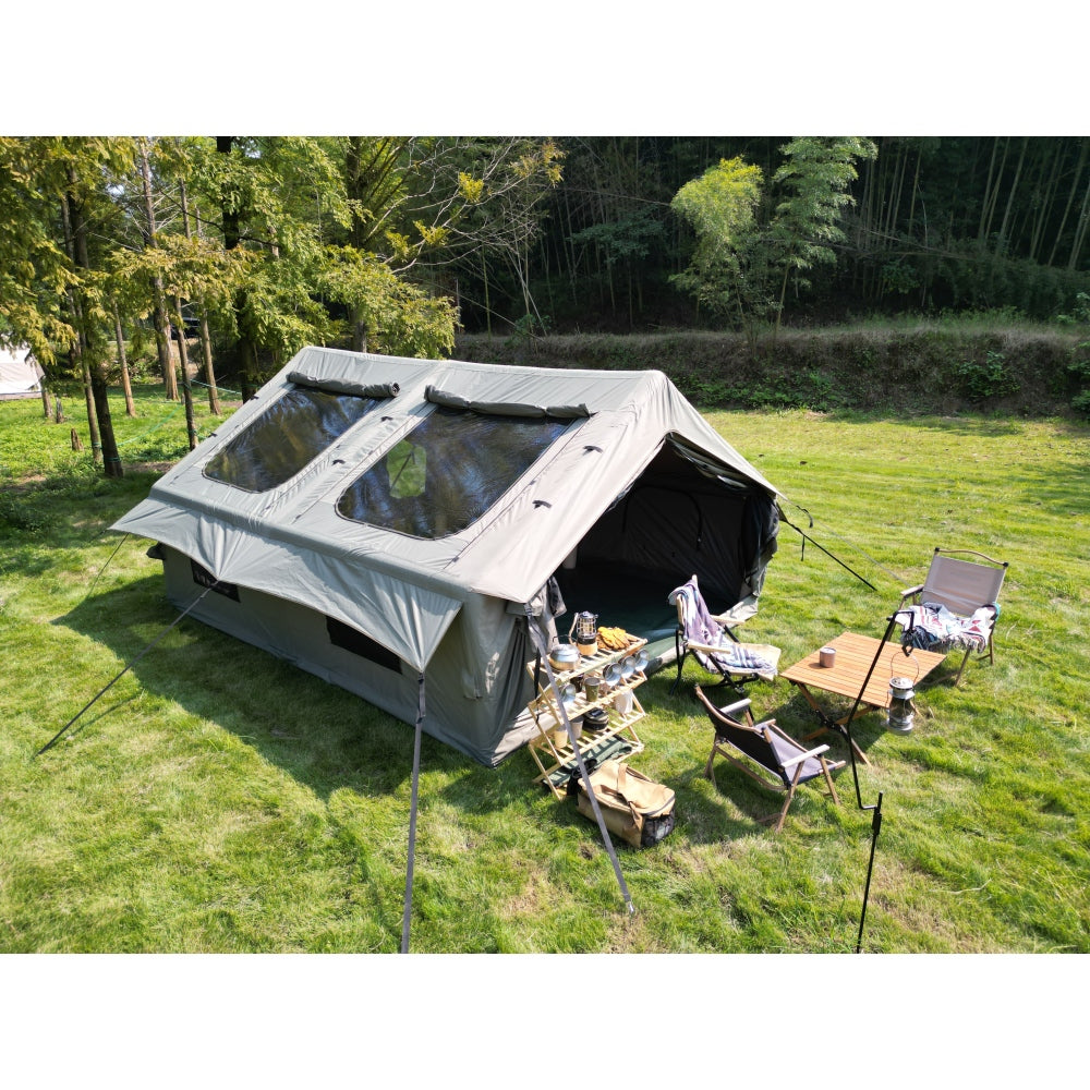 9.8 x13ft Inflatable Camping Tents with Hand Pump, Air Glamping Tents, Easy Setup Waterproof and Windproof Blow up Tent, 4 Seasons Oxford Cabin Tent with Mesh & Chimney Window. Beige