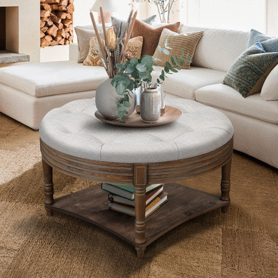Large Round Waterproof Ottoman Coffee Table 2 Tier Oversized Button Tufted Ottoman with Wooden Shelf Storage Farmhouse Upholstered Coffee Table Living Room Footstool Ottoman Linen