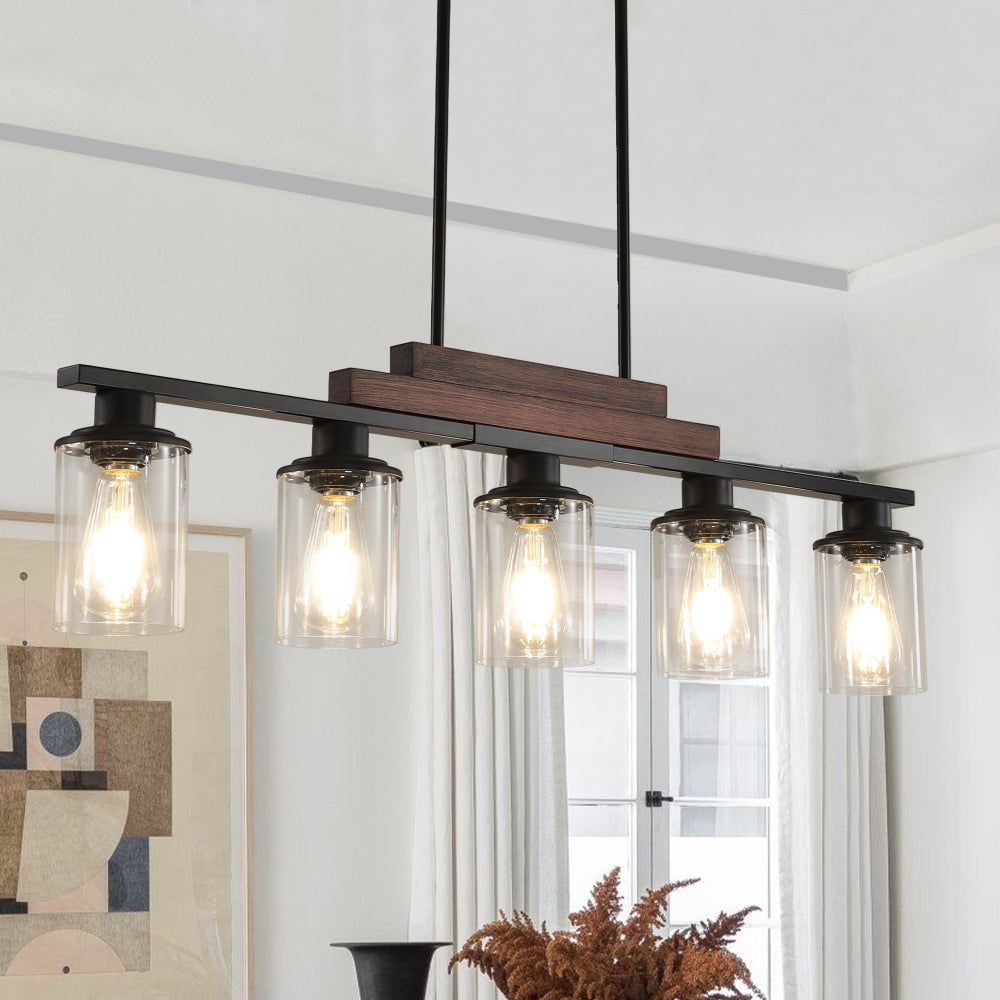 37" Farmhouse Industrial 5-Light Kitchen Island Pendant Light, Metal Wood Chandelier with Clear Glass Shades, Adjustable Height Hanging Fixture for Dining Room, Living Room, Kitchen (No Bulbs)