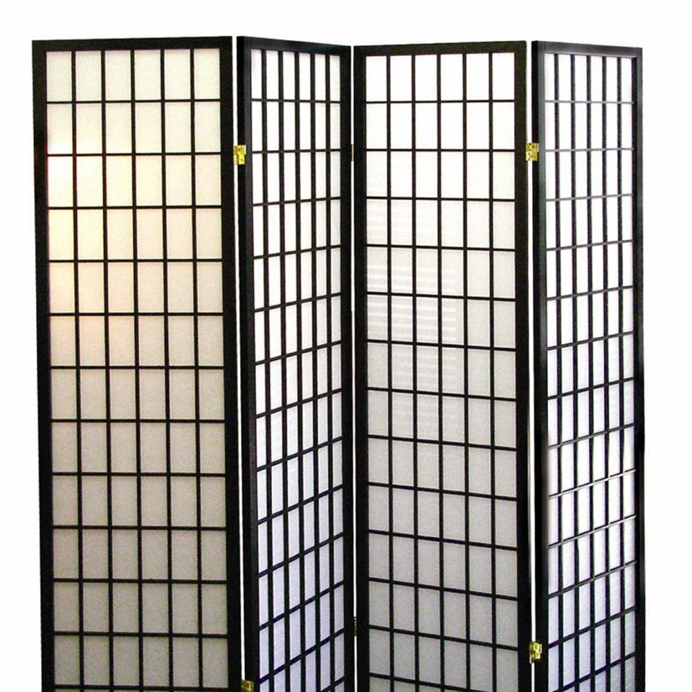 70" Tall 4-Panel Screen / Room Divider, Japanese Style with Black finish