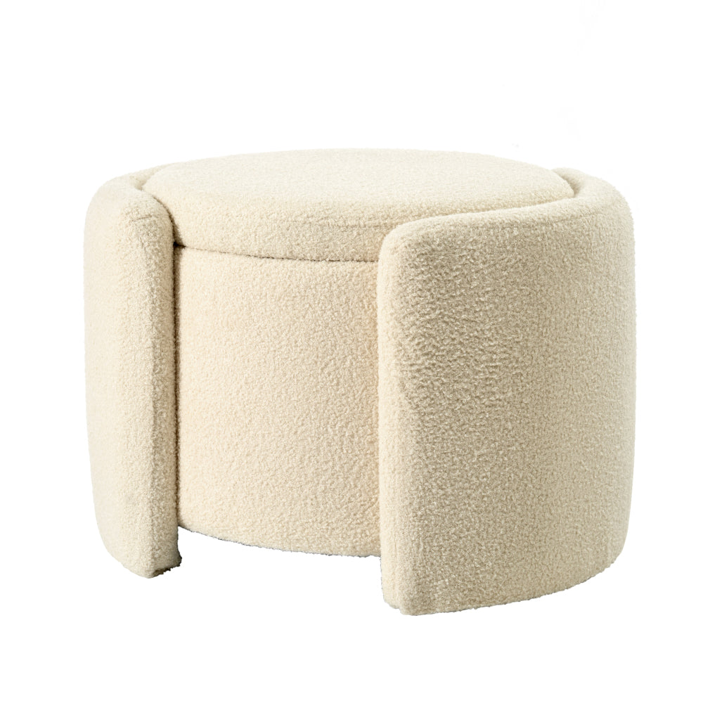 Round Ottoman teddy fleece cushioned footpads living room and bedroom footstool with storage space (Beige)