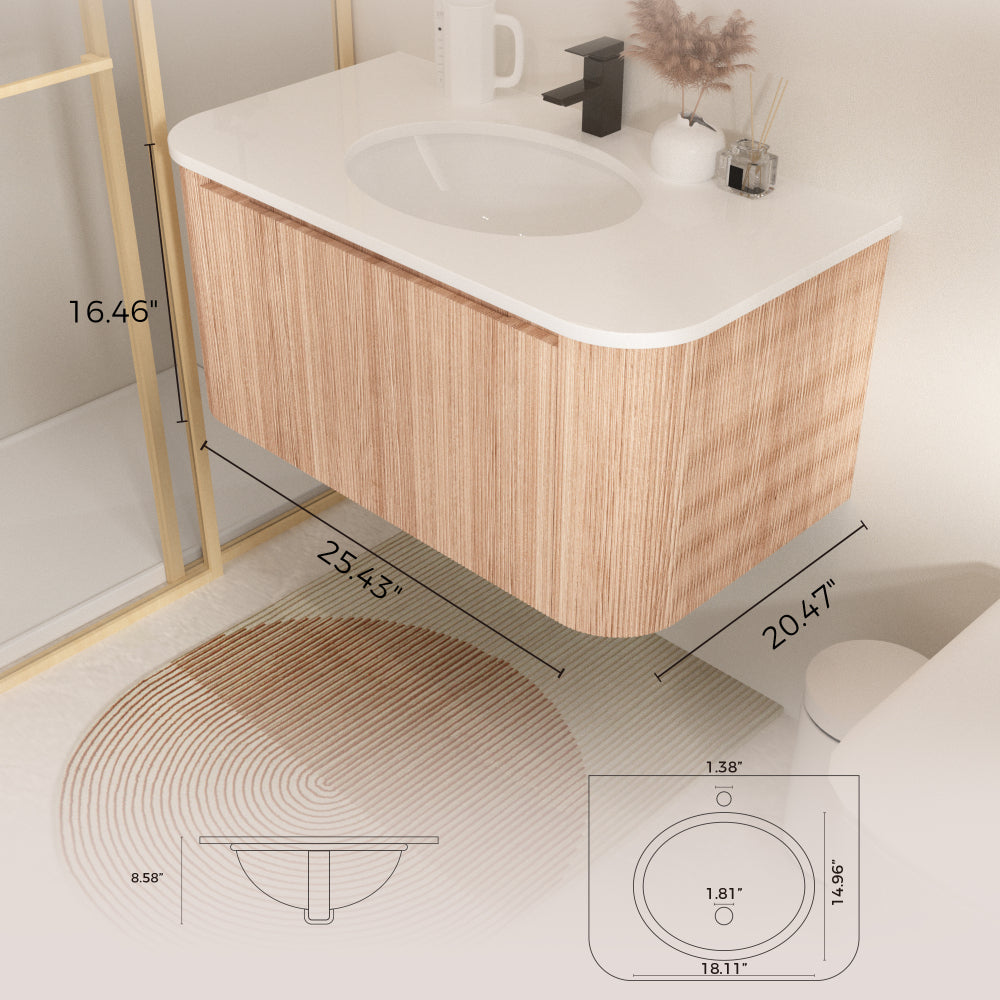 Arcora 36 Inch Wall Mounted Bathroom Vanity with Sink Curved Design, Wave Texture Wood Finish, Integrated Cultured Marble, Pre-Assembled, Modern Floating Vanity Cabinet with Soft Close Drawer
