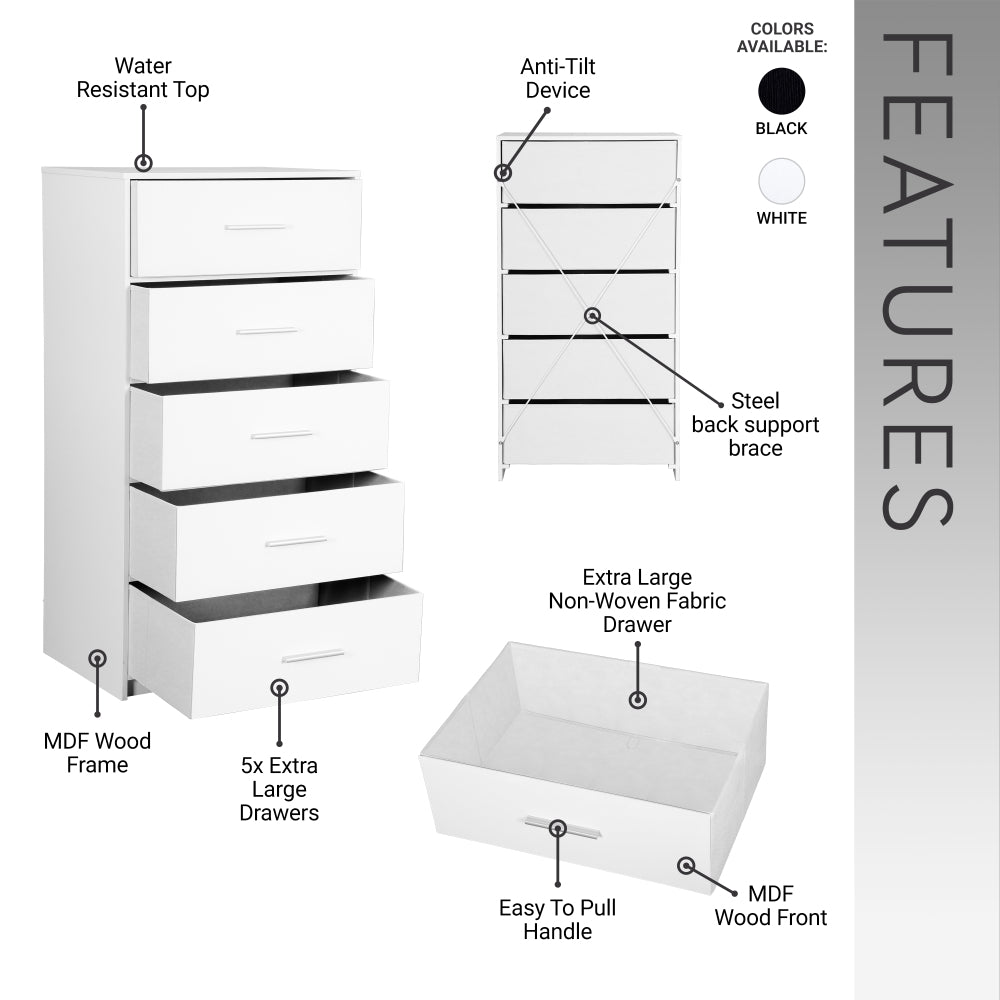5-Drawer Dresser with Large Fabric Drawers, White