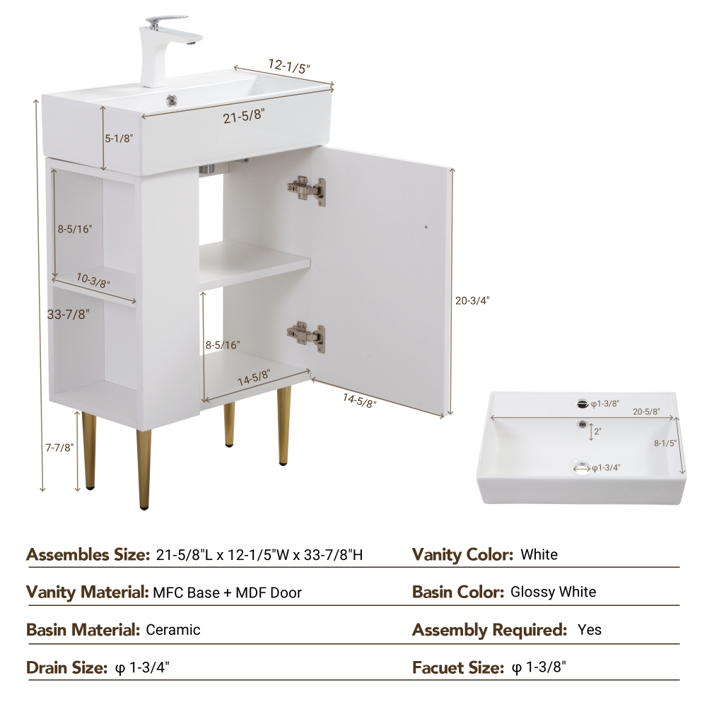 21.6" Open-shelving Bathroom Vanity with Ceramic Sink and Soft-Closing Door, Cloakroom Open Shelf Storage Cabinet on the Left Side, Assembly Required, White 24VB06-21WHL