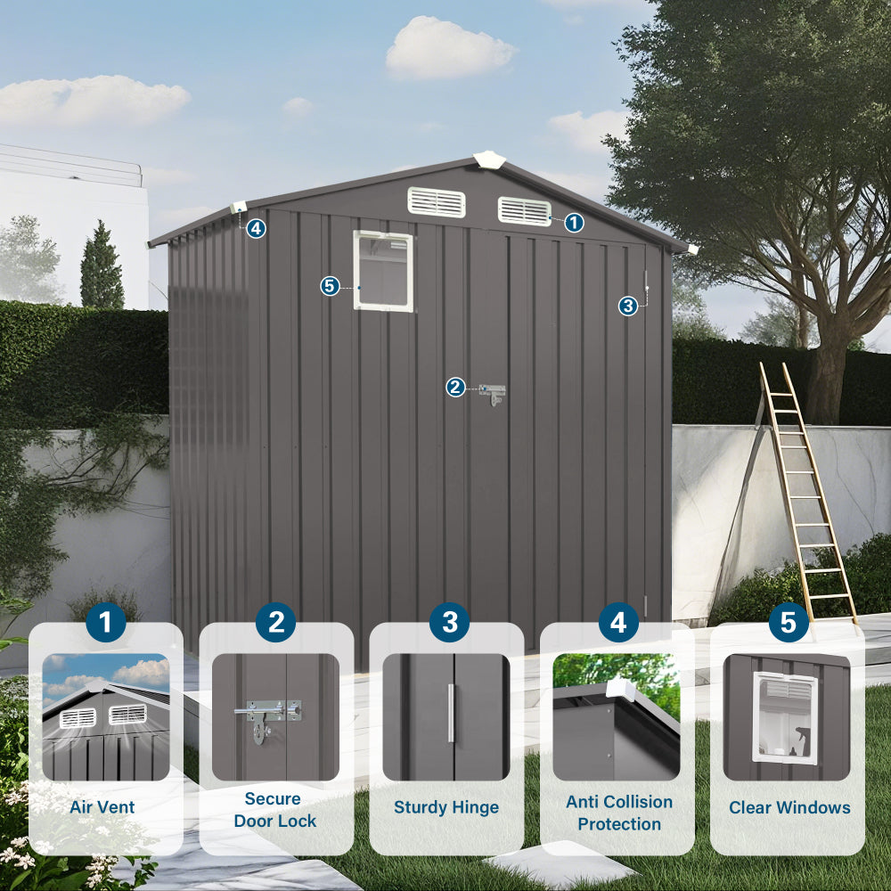 6X 3.5FT Metal Outdoor Storage Shed, Tool Shed with Peaked Roof Watertight with Clear Window and Lockable Door Compact Metal Tool Room for Garden, Backyard, Patio, Sundries and Bike Storage, Gray