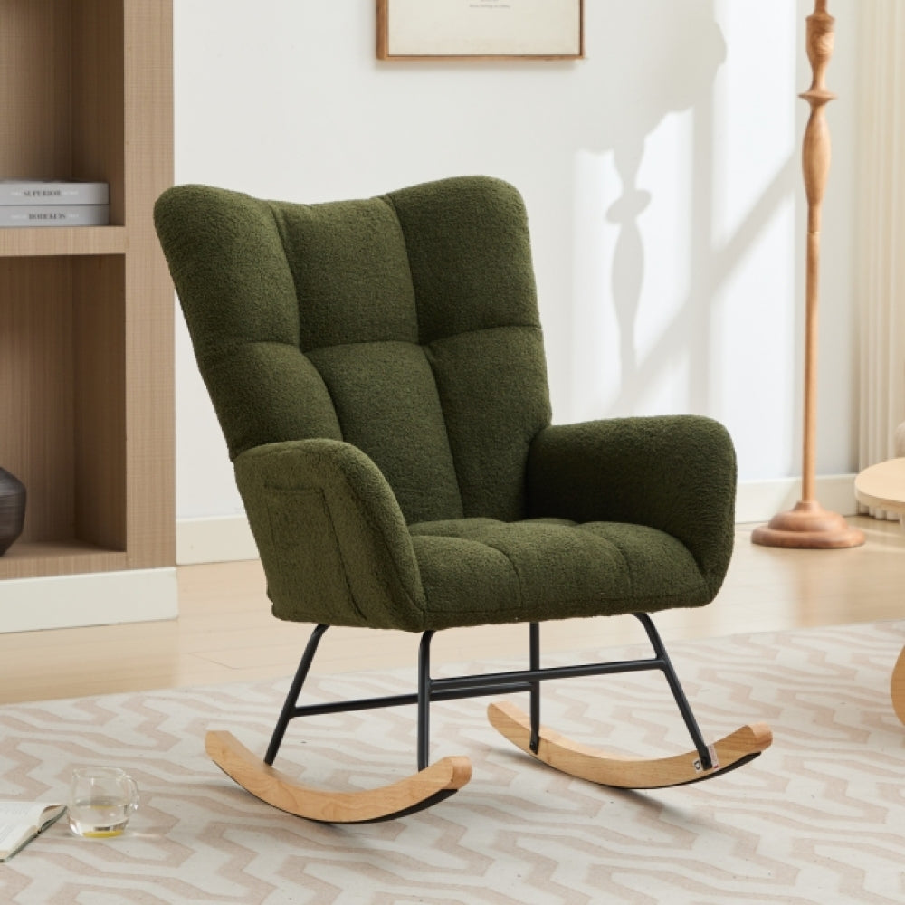 Modern Nursery Rocking Chair Upholstered Glider Chair with High Backrest Rocker Accent Armchair with Solid Wood Legs for Nursery Bedroom Living Room Teddy (white)