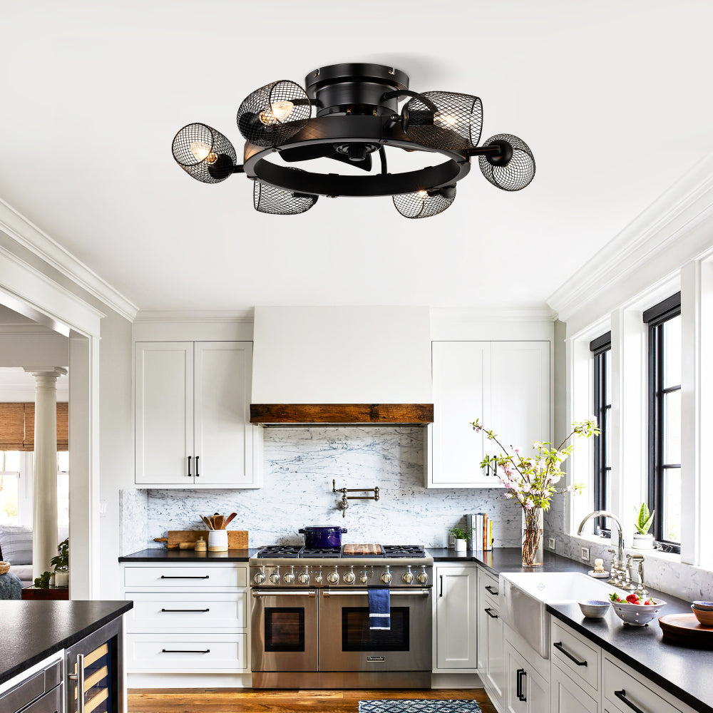 25.8'' Industrial Ceiling Fan with remote control ,5 ABS Blades small size ceiling fan For Living Room, Dining Room, Bedroom, Family Room, Matte Black ,6 PCS*E26 (Does Not Include Light Bulbs)