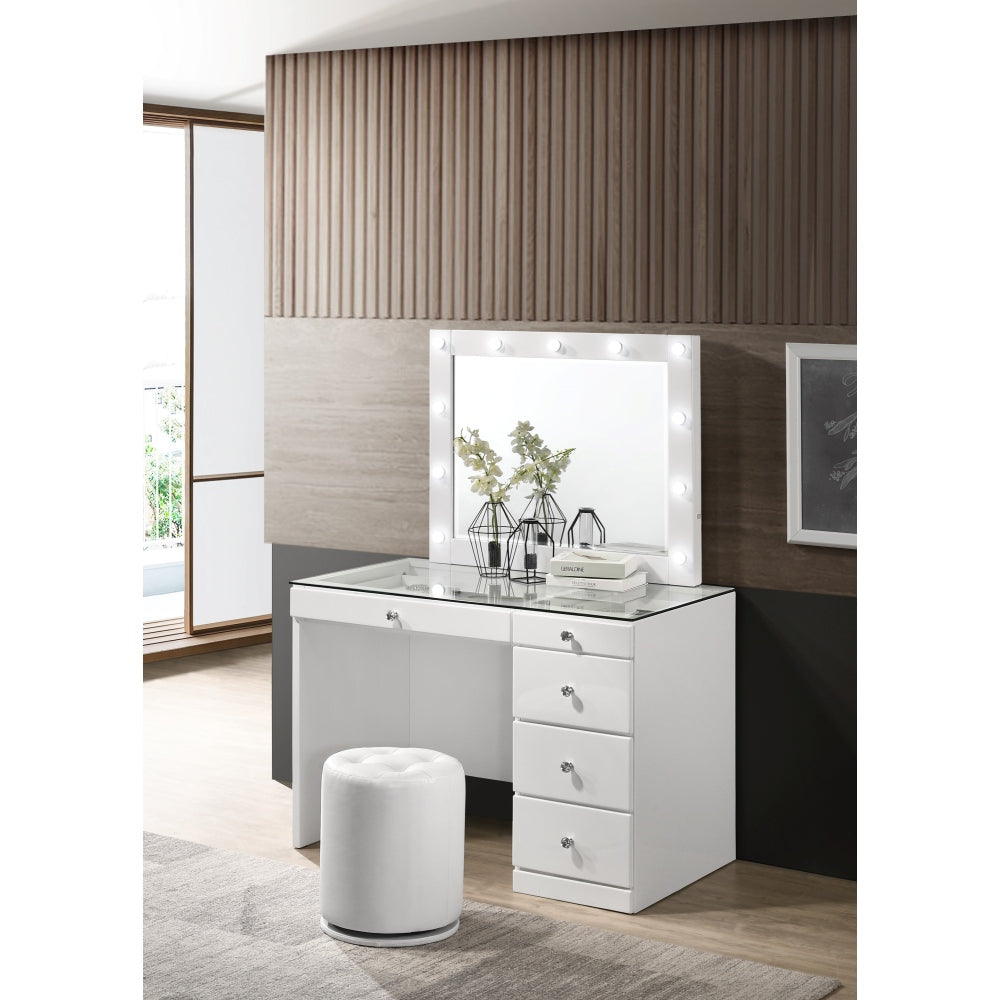 3pc Black Makeup Vanity Set Lighted Mirror Glass Top 5 Drawers Crystal Knobs Round Stool Wooden Bedroom Furniture Black