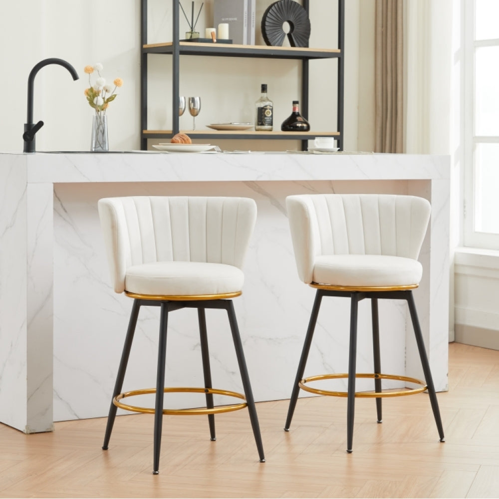 Counter Height Bar Stools Set of 2, 360° Swivel Upholstered Barstools with Backs and Metal Legs, 26" H Seat Height, Velvet Fabric,Goldy Footrest