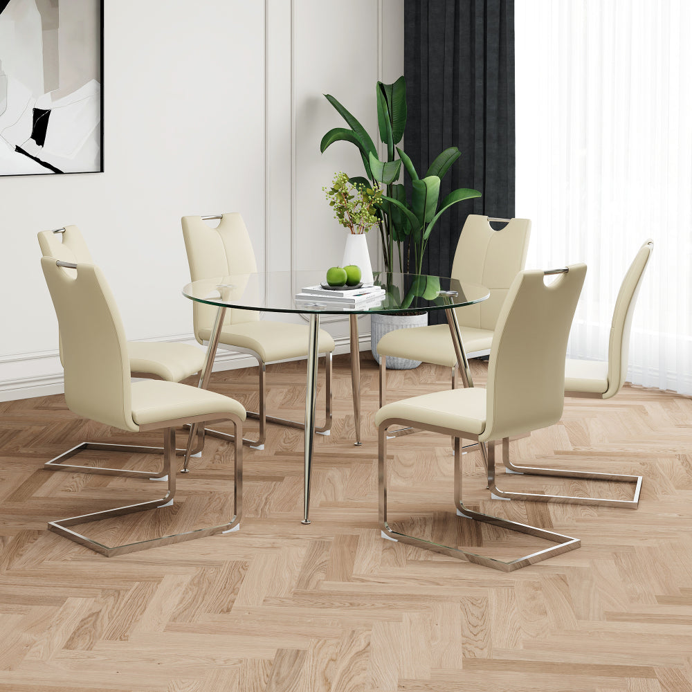 Modern simple round glass dining table, wear-resistant tempered glass countertop, gold-plated legs, grey PU dining chair set, suitable for restaurant kitchen use (set of 5)