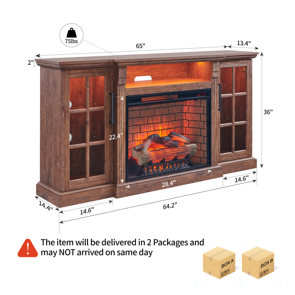 65" Fireplace TV Stand for TVs up to 75",with 28" Electric Fireplace and LED Light