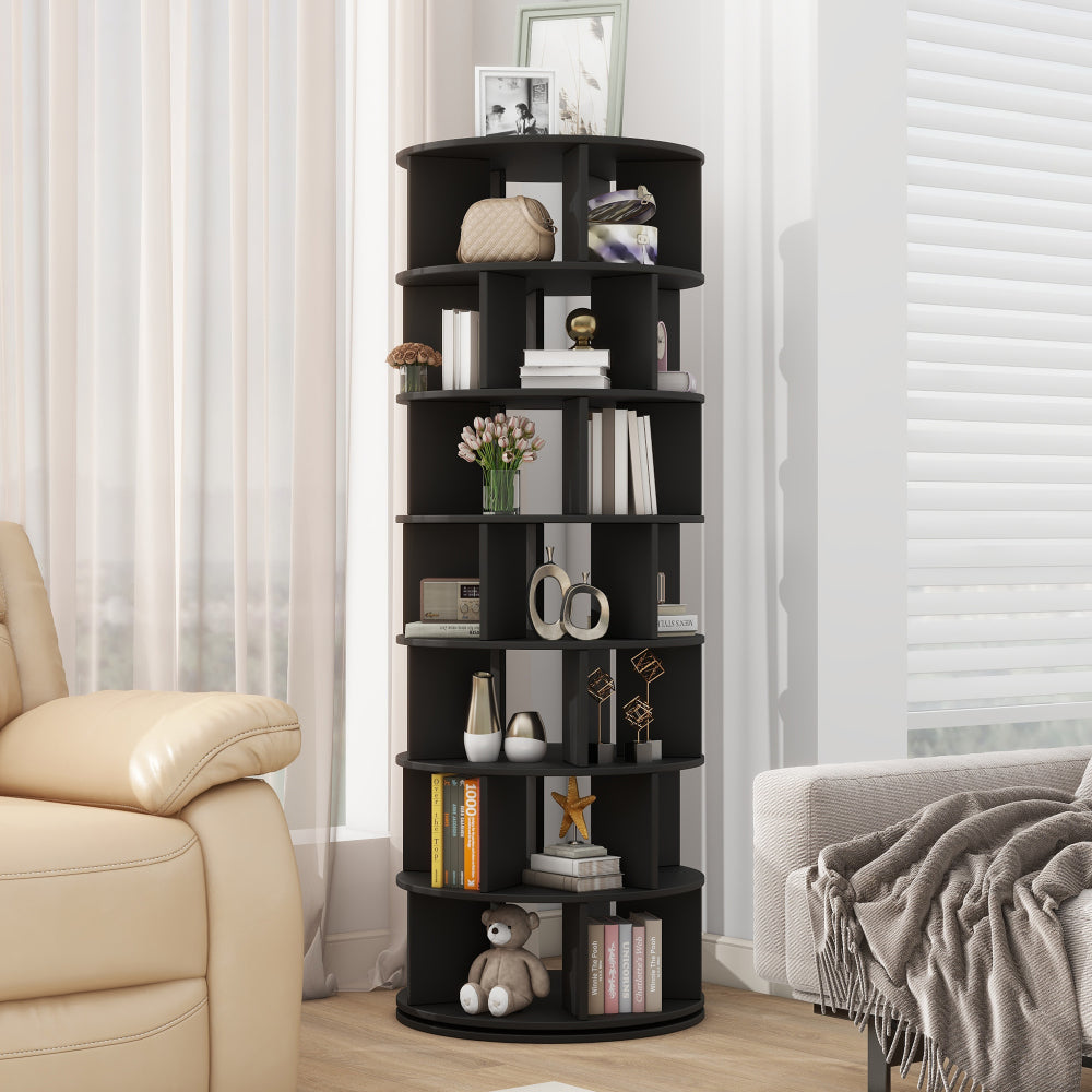 ON-TREND Φ23.6'' Rotating Shoe Rack Tower, 7-Tier Spinning Shoe Shelf with 5 Grids Per Layer, Display Rack, 360° Revolving Shoe Carousel Closet Organizer for Entryway, Living Room, Black