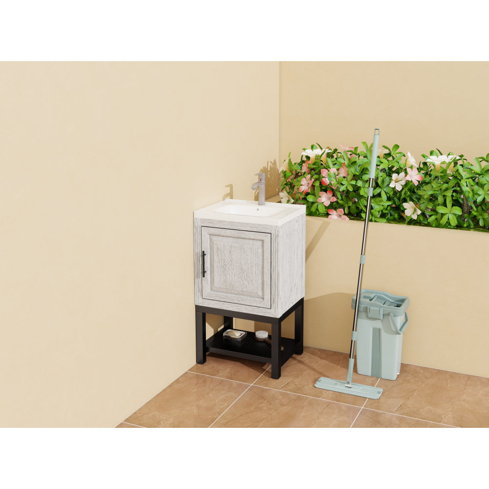 20" Small Bathroom Vanity with Sink & Hot and Cold Faucet, Freestanding Bathroom Cabinet with White Ceramic Basin, Bathroom Storage Organizer with 1 Doors and Open iron Shelf